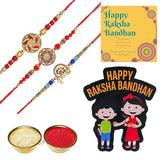 Load image into Gallery viewer, Webelkart Premium Combo Of 3 Rakhi With Happy Raksha Bandhan Magnet For Bhaiya And Bhabhi.Rakhi For Brother And Sister With Greeting Card And Roli Chawal Pack. Rakhi Gift For Couple,Rakhi Set