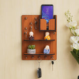 गैलरी व्यूवर में इमेज लोड करें, JaipurCrafts Premium Wood Key Chain Hanging Board/Wall Hanging Key Holder with Mobile Charging Stand and Showpiece Stand (11.5 Inches, 10 Hooks) WoodColor Home and Office Decor