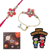 Load image into Gallery viewer, Webelkart Flower Designer Set Of 2 Rakhi For Bhaiya and Bhabhi With Magnet For Home And Greeting With Roli Chawal Pack Lumba Rakhi For Bhabhi, Rakhi Gift Combo Pack