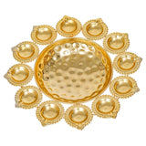 Load image into Gallery viewer, Webelkart Antique Diya Shape Gold Polish Decorative Flower Urli Bowl with Laxmi Ganesh Ji Idol for Diwali Decor Decor,Tea Light Candles Home,Office and Table Decor| Diwali Decoration Items 13"
