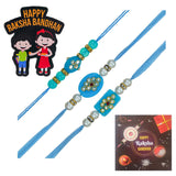 Load image into Gallery viewer, Webelkart 3 Designer Stone Rakhi for Bhaiya Bhabhi and Kids with Fridge Magnet,Rakhi for Brother and Bhabhi, Raksha Bandhan Gift Pack for Brother Sister with Greeting Card and Roli Chawal