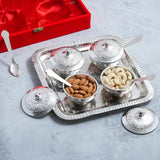 Load image into Gallery viewer, Webelkart Antique Silver Plated Set of 4 Beetel Bowl with 4 Spoon &amp; 1 Tray in Red Velvet Gift Box, Designer Serving Dish Set for Diwali, Wedding &amp; Housewarming Gift,Diwali Gift