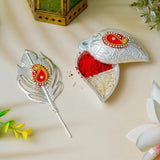 Load image into Gallery viewer, Webelkart Decorative Designer Silver Kumkum Box With Leaf And Red Velvet,Roli|Chawal|Chandan|Haldi|Kumkum Puja Box|Sindoor Box- Diwali Gift Item,Roli Chawal (5&quot; Inches)