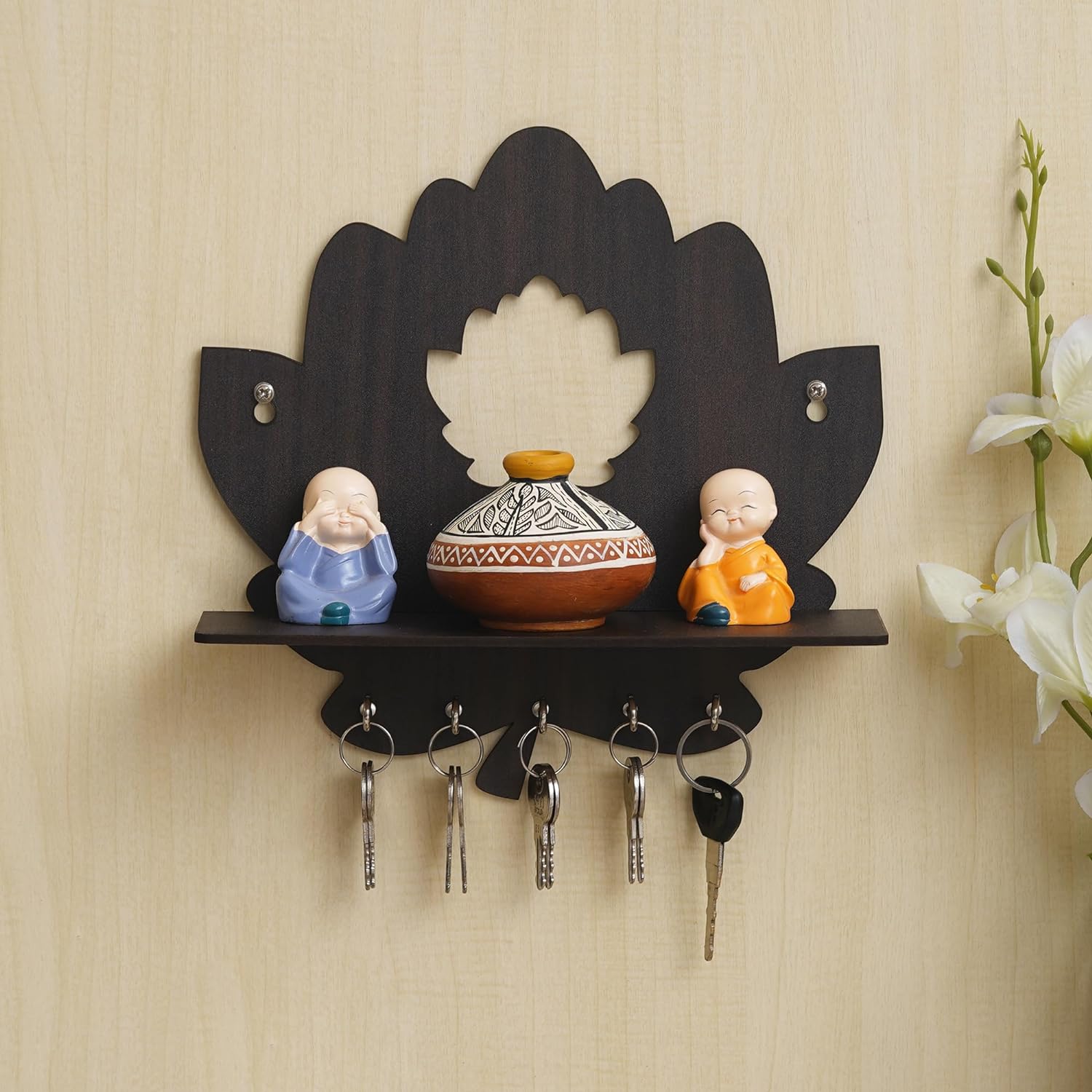 Webelkart Wooden Lotus Shape Key Holder with Wall Shelf, Key Holder wi