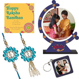Load image into Gallery viewer, Webelkart 2 Stone Rakhi Combo for Bhaiya and bhabhi with Customised Rakhi Best Wishes Stand with Image Upload and Customised Keychain with Photo Print and Greeting Cards and Roli Chawal Pack