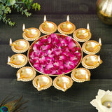 Load image into Gallery viewer, Webelkart Antique Diya Shape Gold Polish Decorative Flower Urli Bowl with Laxmi Ganesh Ji Idol for Diwali Decor Decor,Tea Light Candles Home,Office and Table Decor| Diwali Decoration Items 13"