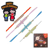Load image into Gallery viewer, Webelkart Set of 4 Designer Rakhi for Bhaiya Bhabhi and Kids with Fridge Magnet,Rakhi for Brother Bhabhi, Raksha Bandhan Combo Pack,Rakhi for Brother and Sister with Greeting Card Roli Chawal