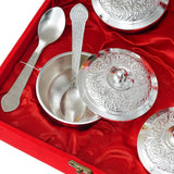 Load image into Gallery viewer, Webelkart Antique Silver Plated Set of 4 Beetel Bowl with 4 Spoon &amp; 1 Tray in Red Velvet Gift Box, Designer Serving Dish Set for Diwali, Wedding &amp; Housewarming Gift,Diwali Gift