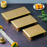 Load image into Gallery viewer, Webelkart Premium Set of 3 Wooden Brass Fitted Golden Rajwadi Chowki/Patla/Pooja Chowki for Home and Puja Decor-Diwali Decor Item Ganesh Pooja Chowki