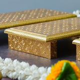 Load image into Gallery viewer, Webelkart Premium Set of 3 Wooden Brass Fitted Golden Rajwadi Chowki/Patla/Pooja Chowki for Home and Puja Decor-Diwali Decor Item Ganesh Pooja Chowki