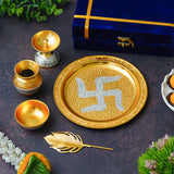 Load image into Gallery viewer, Webelkart Antique Gold Plated Swastik Pooja Thali Set with Velvet Box for Diwali Poojan/Pooja Room/Diwali Gifting |ReturnGift,Thali Set for Puja.Swastic Thali Set ( 8&quot; Inches)