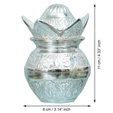 Load image into Gallery viewer, Webelkart Antique Sliver Plated Pooja Kalash with Coconut for Pooja Decor with Red Velvet Box/Swastik Kalash for Puja Temple/Diwali Gift Item/mangal Kalash (5&quot; inches)