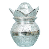 Load image into Gallery viewer, Webelkart Antique Sliver Plated Pooja Kalash with Coconut for Pooja Decor with Red Velvet Box/Swastik Kalash for Puja Temple/Diwali Gift Item/mangal Kalash (5&quot; inches)