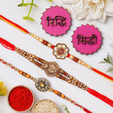 Load image into Gallery viewer, Webelkart Set Of 3 Rakhi For Brother Bhabhi With Riddhi-Siddhi Sticker for Home Decor | Rakhi For Bhaiya Bhabhi | Rakhi For Brother Sister Kids Rakhi With Roli Chawal Best Wishes Card