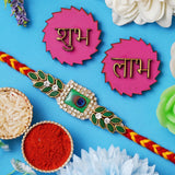 Load image into Gallery viewer, Webelkart Designer Rakhi For Brother With Shubh Labh Sticker |Rakhi For Bhaiya Bhabhi | Lumba Rakhi for Bhabhi |Rakhi For Brother and Sister Rakhi Gift With Roli Chawal Pack Best Wishes Card