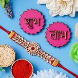 Load image into Gallery viewer, Webelkart Premium Stone Rakhi For Bhaiya Bhabhi With Shubh Labh Sticker |Rakhi For Brother Bhabhi | Lumba Rakhi for Bhabhi |Rakhi For Brother and Sister Kids Rakhi Gift