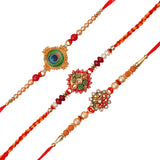 Load image into Gallery viewer, Webelkart Set Of 3 Rakhi For Brother And Bhabhi With Riddhi-Siddhi Sticker for Home Decor | Rakhi For Bhaiya Bhabhi |Lumba Rakhi For Bhabhi |Kids Rakhi With Roli Chawal Best Wishes Card