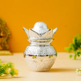 Load image into Gallery viewer, Webelkart Antique Sliver Plated Pooja Kalash with Coconut for Pooja Decor with Red Velvet Box/Swastik Kalash for Puja Temple/Diwali Gift Item/mangal Kalash (5&quot; inches)