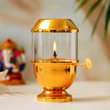 गैलरी व्यूवर में इमेज लोड करें, Webelkart Premium Metal Akhand Diya with Adjustable Bati with Screw Lever for Puja, Borosilicate Glass,Akhand Jyoti Diya Oil Bati Knob | Lifting Screw Wick Holder for Pooja ( 6.29 Inches )