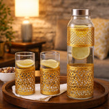 Load image into Gallery viewer, Webelkart Premium 1 Luxury Water Bottle with 2 Matching Glasses With Velvet Box| Golden Metal Net Design |Dining &amp; Kitchen Drinkware Set |Leak-Proof Steel | Home, Office &amp; Gifting,Diwali Decor Item