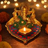 Load image into Gallery viewer, Webelkart Premium Ganesh Idol on Leaf - Lord Ganesha with Diya Decorative,Ganesha Idol for Diwali Festive Decoration &amp; Spiritual Gift Item for Home Decor (4.5" Inches)