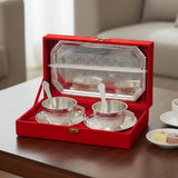 Load image into Gallery viewer, Webelkart Premium Silver Plated Tea Cup Set of 2 with 1 Tray &amp; 2 Spoons in Red Velvet Gift Box | Designer Coffee Cups with Saucer | Wedding &amp; Anniversary Gift Set Decorative Serving Set