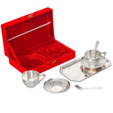 Load image into Gallery viewer, Webelkart Premium Silver Plated Tea Cup Set of 2 with 1 Tray &amp; 2 Spoons in Red Velvet Gift Box | Designer Coffee Cups with Saucer | Wedding &amp; Anniversary Gift Set Decorative Serving Set