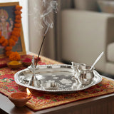 Load image into Gallery viewer, Webelkart Premium Silver Plated Pooja Thali Set with Red Velvet Gift Box |7 Pieces Pooja Thali Set|Diwali, Wedding Return Gifts &amp; Housewarming Gift Set,Ghanti Puja Arti Thali for Home Office Mandir