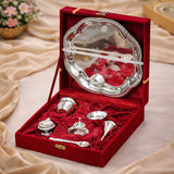 Load image into Gallery viewer, Webelkart Premium Silver Plated Pooja Thali Set with Red Velvet Gift Box |7 Pieces Pooja Thali Set|Diwali, Wedding Return Gifts &amp; Housewarming Gift Set,Ghanti Puja Arti Thali for Home Office Mandir