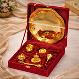 गैलरी व्यूवर में इमेज लोड करें, Webelkart Premium Gold Plated Pooja Thali Set with Red Velvet Gift Box |7 Pieces Pooja Thali Set|Diwali, Wedding Return Gifts &amp; Housewarming Gift Set,Ghanti Puja Arti Thali for Home Office Mandir