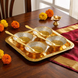 Load image into Gallery viewer, Webelkart Premium Gold Plated Bowl Set with Tray &amp; Spoons in Red Velvet Gift Box | Designer Dry Fruit Serving Set | Wedding &amp; Festive Return Gift | Decorative Diwali Gift Set (Set of 4 Bowls)