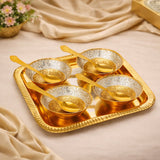 Load image into Gallery viewer, Webelkart Premium Gold Plated Bowl Set with Tray &amp; Spoons in Red Velvet Gift Box | Designer Dry Fruit Serving Set | Wedding &amp; Festive Return Gift | Decorative Diwali Gift Set (Set of 4 Bowls)