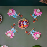 Load image into Gallery viewer, Webelkart Antique Decorative Rongali Designer Candle Holder for Diwali Decor/Radha Krishna Decorative Rangoli with Tealight Holders – Festive Home Decor Set of 5