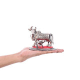 Load image into Gallery viewer, JaipurCrafts Kamdhenu Cow and Calf Showpiece - 10.16 cm (Aluminium, Silver, Red)