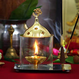 Load image into Gallery viewer, WebelKart® Glass Aarti Diya with Agarbatti Holder, Dhoop Holder and Free Cotton Wicks (Brass, Gold)