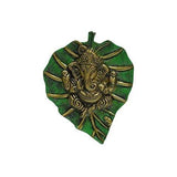 Load image into Gallery viewer, JaipurCrafts Lord Ganesha On Green Leaf Wall Hanging Showpiece - 19 cm (Aluminium, Green, Gold)