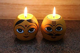 Load image into Gallery viewer, JaipurCrafts Multicolor Colors Wooden Rajasthani King and Queen Bisque T Light Holder Votive Set