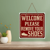 गैलरी व्यूवर में इमेज लोड करें, Webelkart® Decorative &quot; Please Remove Your Shoes&quot; Wooden Wall hanging For Home , Office, Shop And Clinic ,Wooden Wall sculpture For Outdoor- 9.5 Inches