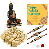 Load image into Gallery viewer, Webelkart Bhaiya Bhabhi Rakhi Set with Sweet Gift - Premium Lumba Rakhi with Lord Gautam Buddha Idol, 450 Grams Soan Papdi Sweet Gift Pack and Roli Chawal