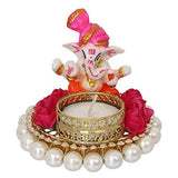 Load image into Gallery viewer, JaipurCrafts Lord Ganesha Idol on Decorative Handcrafted Plate for Home and Car Decorative Showpiece - 8 cm (Polyresin, Pink, White)
