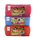 गैलरी व्यूवर में इमेज लोड करें, JaipurCrafts Quilted Polka Dots Cotton Saree Cover Set/Wardrobe Organizer/Storage Bag, Blue, Red, Pink (46 x 35 x 22 cm)-Pack of 3