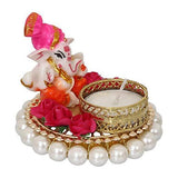 Load image into Gallery viewer, JaipurCrafts Lord Ganesha Idol on Decorative Handcrafted Plate for Home and Car Decorative Showpiece - 8 cm (Polyresin, Pink, White)