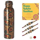 गैलरी व्यूवर में इमेज लोड करें, Webelkart Premium Combo of Rakhi Gift for Brother and Bhabhi and Kids with Designer Printed Water Bottle, Rakshabandhan Gifts for Bhai Sister - Fancy Rakhi with Printed Copper Water Bottle