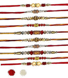 Load image into Gallery viewer, Webelkart Combo of 10 Metal Copper Multicolour Rakhi for Brother with Beautiful Rakshabandhan Greetings Card