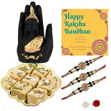 गैलरी व्यूवर में इमेज लोड करें, Webelkart Bhaiya Bhabhi Rakhi Set with Sweet Gift - Premium Lumba Rakhi with Lord Gautama Buddha Idol, 450 Grams Soan Papdi Sweet Gift Pack and Roli Chawal