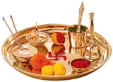 Load image into Gallery viewer, JaipurCrafts Brass Puja Thali with Pujan Bell,Lota, Spoon and Pitambari Powder (Gold)