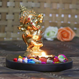 गैलरी व्यूवर में इमेज लोड करें, JaipurCrafts Golden Ganesha Dancing Ganesh Idol for Gift with Tealight Holder and Wood Tray (17 cm)