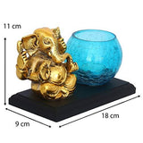 गैलरी व्यूवर में इमेज लोड करें, JaipurCrafts Aluminum Golden Lord Ganesha Idol for Gift with Tealight Holder and Wood Tray- 11 cm