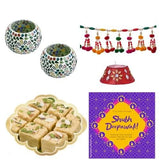 Load image into Gallery viewer, Premium Diwali Gift Combo of Mosaic tealight holder With Premium Toran Bandarwal And 450 Gram Delicious Soan Papdi Sweets