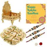 गैलरी व्यूवर में इमेज लोड करें, Webelkart Bhaiya Bhabhi Rakhi Set with Sweet Gift - Premium Lumba Rakhi with Lord Temple chowki, 450 Grams Soan Papdi Sweet Gift Pack and Roli Chawal